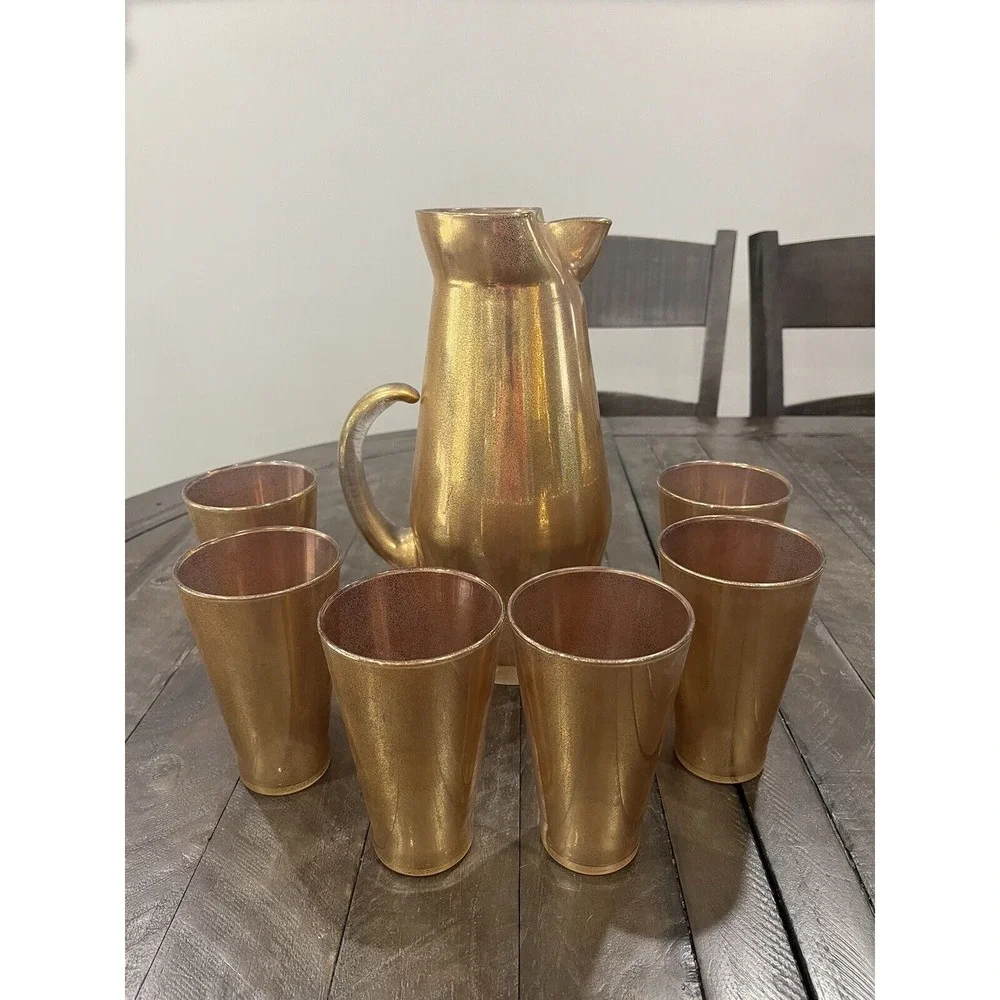 Vintage Gold Flecked/Splatter Pitcher w/‎ 6 Glasses West Virginia Glass Co MCM